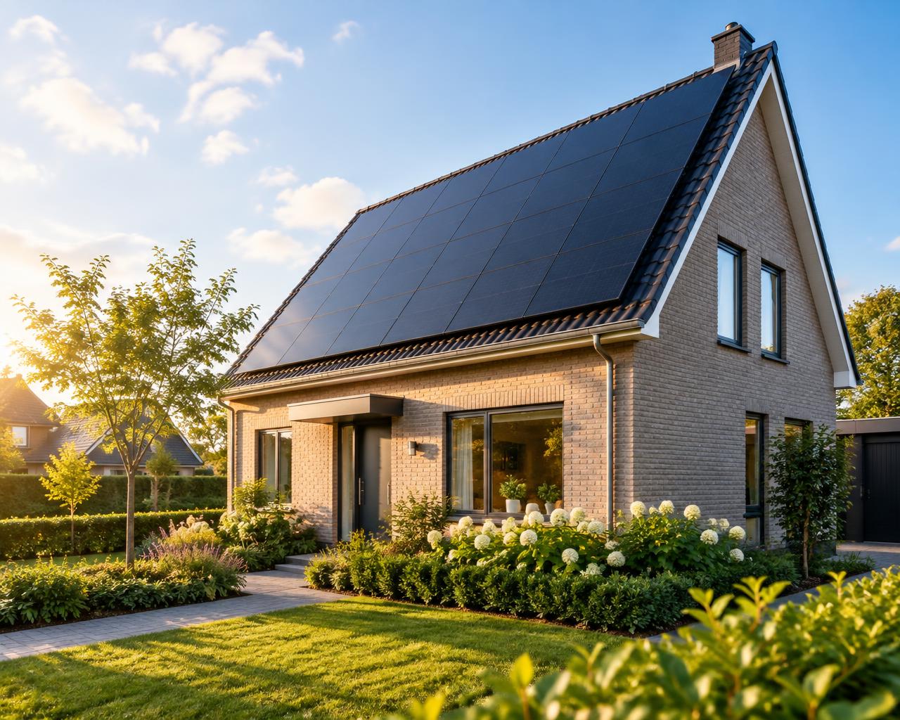 Woning met zonnepanelen op het dak in het avondlicht